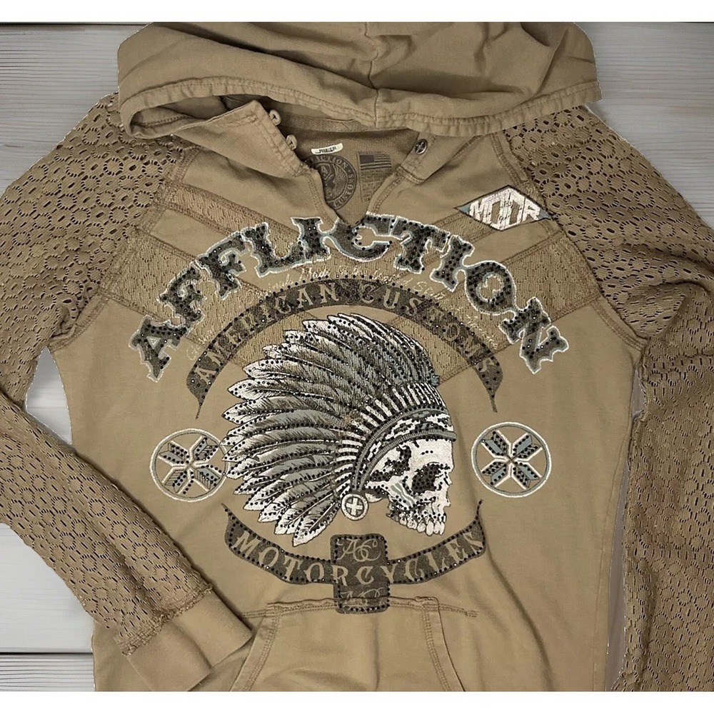 Affliction Y2K Skull Chief Rhinestone Embellished Pullover Hoodie Womens Sz M